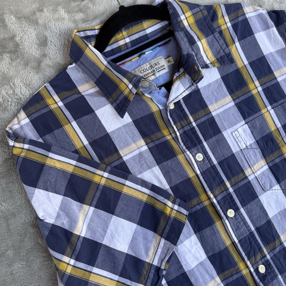 Colours Alexander Julian Men's XL Button Down Shirt Blue Plaid Dress Casual